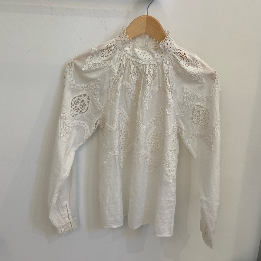 Sézane, elegant mock neck, light cream, lace blouse, 34